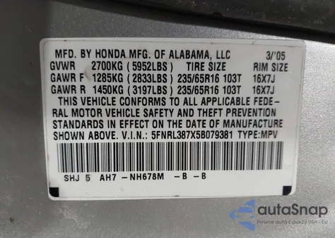 2005 Honda Odyssey Ex-L from USA, damaged, VIN 5FNRL387X5B079381
